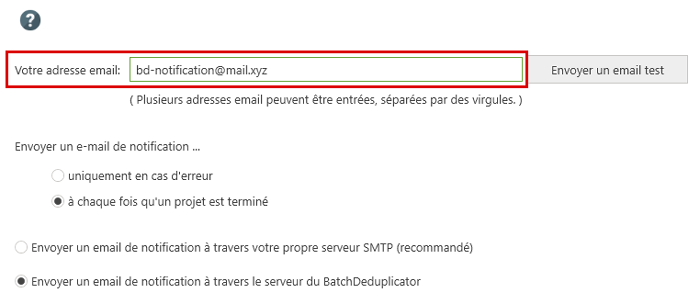 Email de notification, adresse email