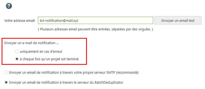 Email de notification, options
